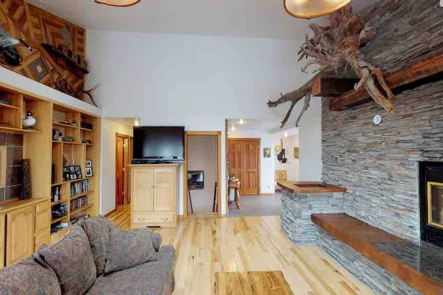 Living room with stone fireplace and built-in shelving
